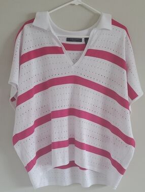 NWT Cyrus White Beetroot Purple Striped V-Neck Openwork Knit Boxy Blouse Sz 1X